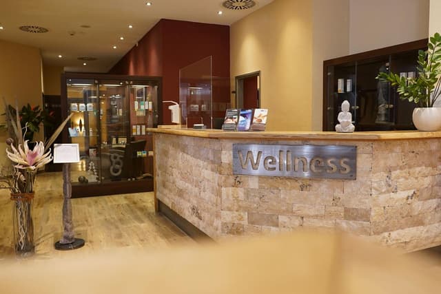 Ein einladender Wellness-Bereich mit einer Empfangstheke aus Naturstein. Die Einrichtung ist modern und freundlich mit Pflanzen und Informationsmaterial.