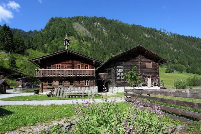 Et traditionelt træhus på en eng med et malerisk bjerglandskab. Omgivelserne er grønne og solrige, ideelle til en landlig idyl.