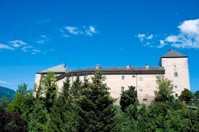 Un castello imponente circondato da alberi verdi. Il cielo è limpido e azzurro.