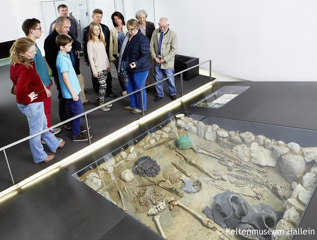 Skupina lidí si prohlíží archeologické nálezy v muzejním areálu. V zemi jsou vidět kostry a artefakty.