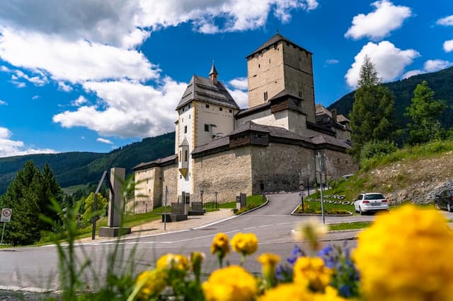 Impozantní hrad na kopci, obklopený zelenými stromy a jasně modrou oblohou. V popředí kvetou barevné květiny.