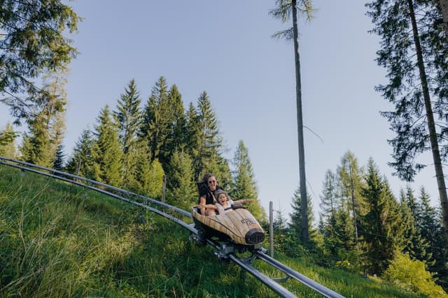 Letní sáňkařská dráha v zelené krajině s vysokými stromy. Dva lidé si užívají jízdu pod jasně modrou oblohou.